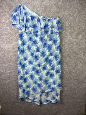 Vineyard Vines Dress Womens 16 Blue Off Shoulder Hi-Low Sundress Ruffle Palm